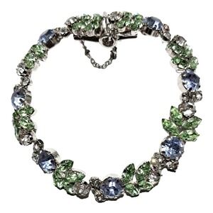 Vintage Austria Rhinestone Bracelet Green Blue Clear Silver Tone Signed Costume